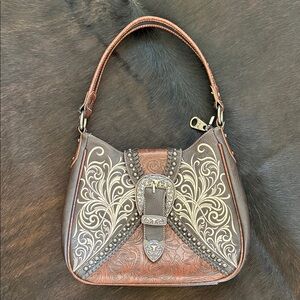 Montana West Elegant Brown and Tan Embroidered Concealed Carry Shoulder Bag